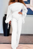 White Casual Solid Color Patchwork Strap Design Oblique Collar Bodycon Jumpsuits