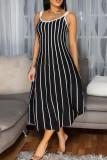 White Casual Striped Print Patchwork Backless Spaghetti Strap Long Dresses