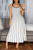 White Casual Striped Print Patchwork Backless Spaghetti Strap Long Dresses