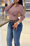 Pink Casual Solid Color Zipper Off Shoulder Tops