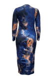 Blue Casual Print Patchwork O Neck Long Dresses