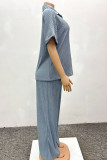 Grey Casual Solid Color Patchwork Turndown Collar Short Sleeve Two Pieces