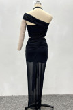 Black Casual Solid Color Patchwork Backless Ruched Halter Two Pieces