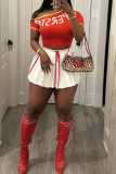 Red Sexy Draw String Pleated Contrast Boot Cut Mid Waist Patchwork Bottoms