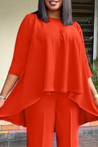Tangerine Red Casual Solid Color Patchwork O Neck Tops