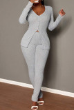 Silver Casual Solid Color Buckle Slit V Neck Long Sleeve Two Pieces
