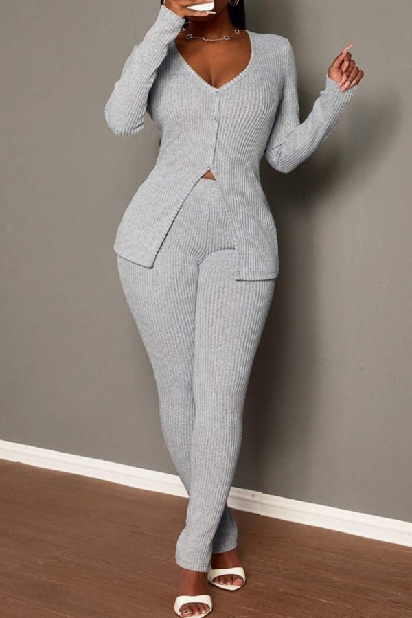 Silver Casual Solid Color Buckle Slit V Neck Long Sleeve Two Pieces