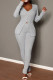 Silver Casual Solid Color Buckle Slit V Neck Long Sleeve Two Pieces