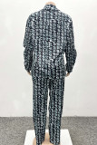 Blue Black Casual Print Pocket Buckle Patchwork Turndown Collar Long Sleeve Two Pieces