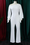 White Casual Solid Color Patchwork Strap Design Oblique Collar Bodycon Jumpsuits