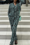 Blue Black Casual Print Pocket Buckle Patchwork Turndown Collar Long Sleeve Two Pieces
