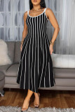 White Casual Striped Print Patchwork Backless Spaghetti Strap Long Dresses