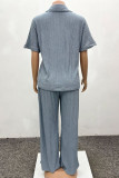 Grey Casual Solid Color Patchwork Turndown Collar Short Sleeve Two Pieces