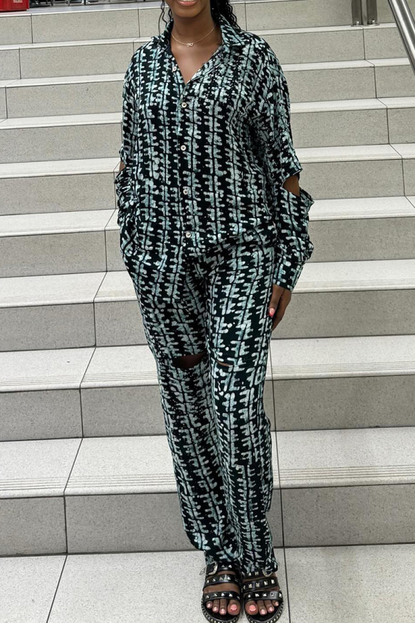 Blue Black Casual Print Pocket Buckle Patchwork Turndown Collar Long Sleeve Two Pieces