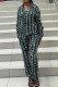 Blue Black Casual Print Pocket Buckle Patchwork Turndown Collar Long Sleeve Two Pieces