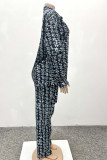 Blue Black Casual Print Pocket Buckle Patchwork Turndown Collar Long Sleeve Two Pieces