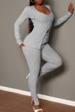 Silver Casual Solid Color Buckle Slit V Neck Long Sleeve Two Pieces