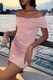 Pink Celebrities Solid Color Patchwork Backless Sequined Off Shoulder Wrapped Skirt Dresses