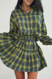 Yellow Casual Plaid Buckle Patchwork Turndown Collar Long Sleeve Two Pieces