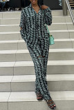 Blue Black Casual Print Pocket Buckle Patchwork Turndown Collar Long Sleeve Two Pieces