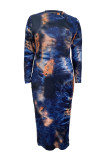 Blue Casual Print Patchwork O Neck Long Dresses