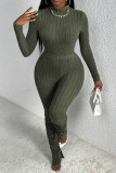 Olive Green Casual Solid Color Slit Ruched Turtleneck Long Sleeve Two Pieces