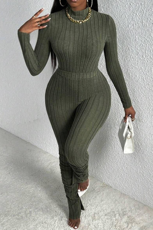 Olive Green Casual Solid Color Slit Ruched Turtleneck Long Sleeve Two Pieces