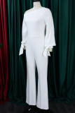 White Casual Solid Color Patchwork Strap Design Oblique Collar Bodycon Jumpsuits
