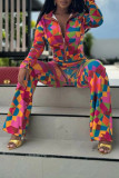 Multicolor Casual Print Zipper Contrast Zipper Collar Long Sleeve Two Pieces