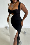 Black White Sexy Hollow Out Patchwork Contrast Long Dresses