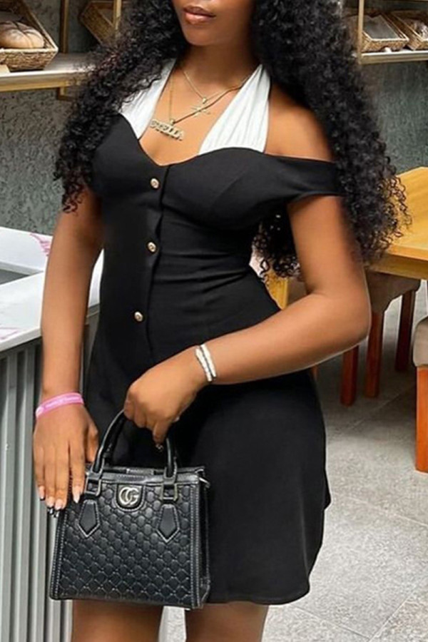 Black White Sexy Buttons Patchwork Backless Contrast Halter Wrapped Skirt Dresses