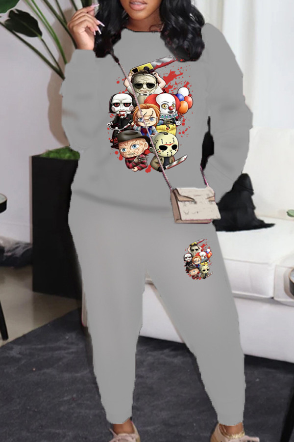 Grey Casual Print Pocket Patchwork O Neck Long Sleeve Two Pieces