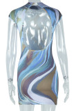 Blue Casual Print Patchwork Backless O Neck Wrapped Skirt Dresses