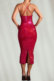 Apricot Sexy Solid Color Backless Slit Hot Drill Spaghetti Strap Long Dresses