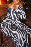 Black And White Elegant Stripe Patchwork Off Shoulder Long Dresses