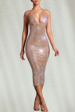 Apricot Sexy Solid Color Backless Slit Hot Drill Spaghetti Strap Long Dresses