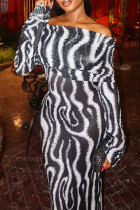Black And White Elegant Stripe Patchwork Off Shoulder Long Dresses Black And White Elegant Stripe Patchwork Off Shoulder Long Dresses