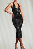 Apricot Sexy Solid Color Backless Slit Hot Drill Spaghetti Strap Long Dresses