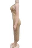 Apricot Sexy Solid Color Backless Slit Hot Drill Spaghetti Strap Long Dresses