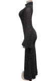 Black Elegant Solid Color Patchwork Hot Drill O Neck Long Dresses