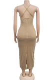 Apricot Sexy Solid Color Backless Slit Hot Drill Spaghetti Strap Long Dresses