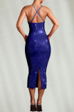 Apricot Sexy Solid Color Backless Slit Hot Drill Spaghetti Strap Long Dresses