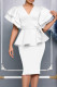 White Elegant Solid Color Slit Strap Design Ruffled Trim V Neck Evening Dresses