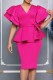 Rose Red Elegant Solid Color Slit Strap Design Ruffled Trim V Neck Evening Dresses