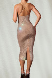 Apricot Sexy Solid Color Backless Slit Hot Drill Spaghetti Strap Long Dresses