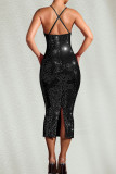 Apricot Sexy Solid Color Backless Slit Hot Drill Spaghetti Strap Long Dresses