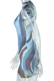 Blue Casual Print Patchwork Backless O Neck Wrapped Skirt Dresses