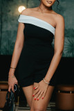 Black White Sexy Patchwork Backless Contrast Oblique Collar Regular Rompers