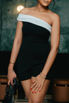 Black White Sexy Patchwork Backless Contrast Oblique Collar Regular Rompers
