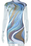 Blue Casual Print Patchwork Backless O Neck Wrapped Skirt Dresses